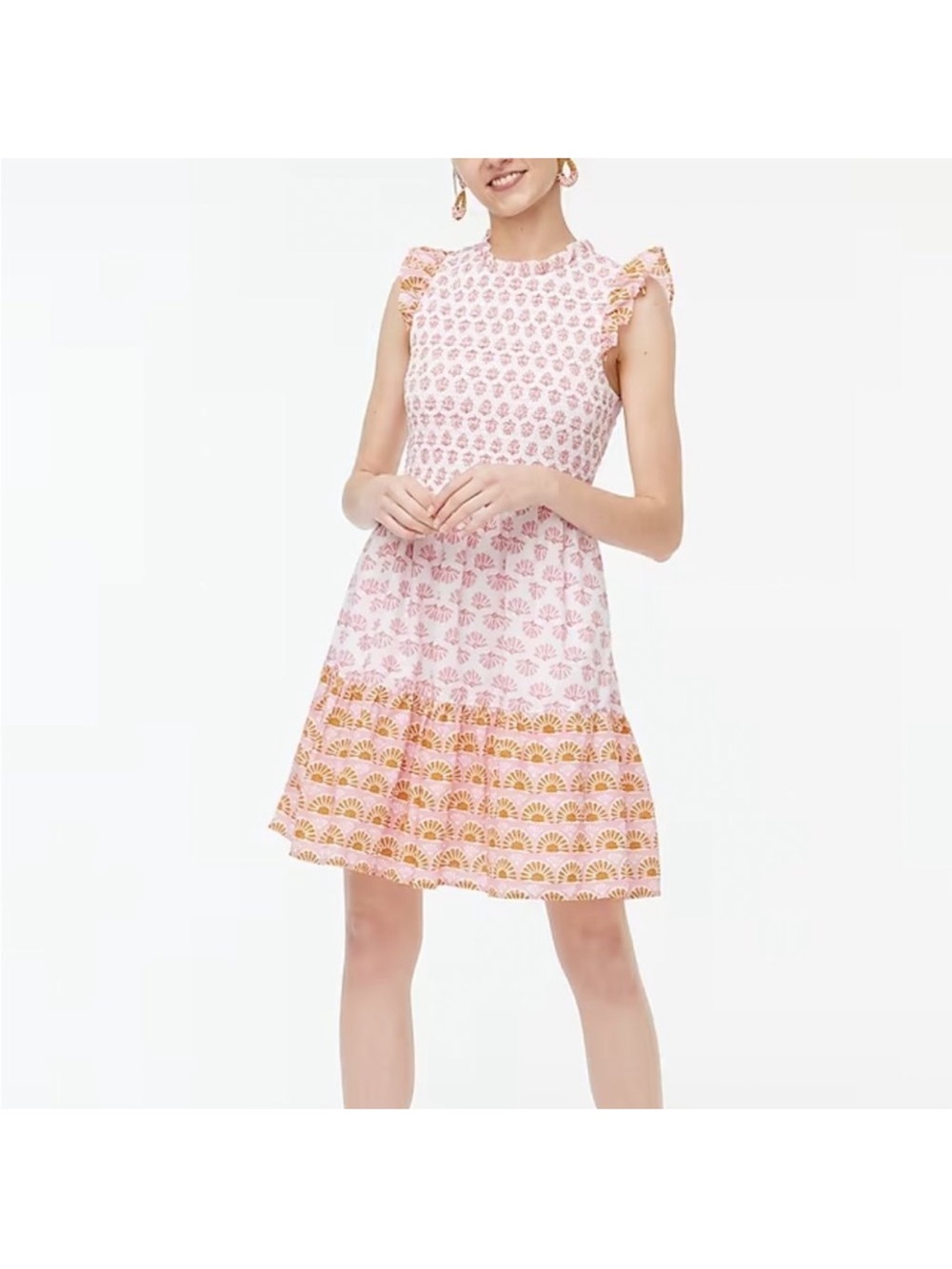 J. CREW Ruffle Sleeve Mini Dress Pink Block Print Scallo XS